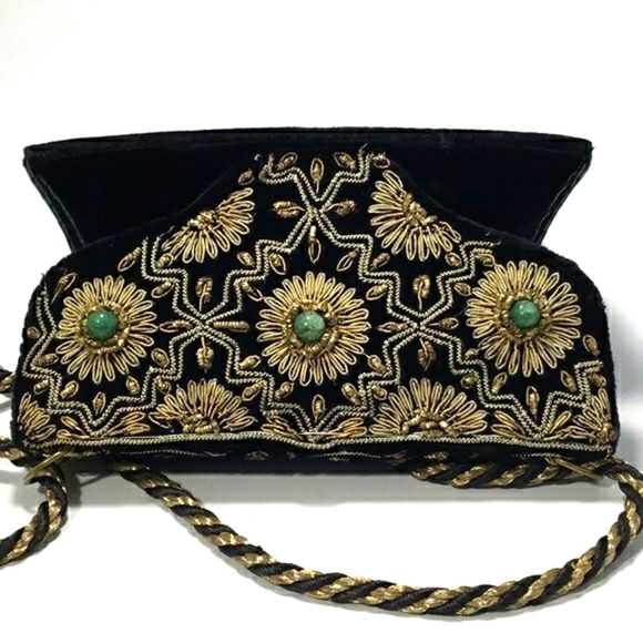 Vintage Indian Handmade Jades Embellished With Metallic Gold Details Purse - Picture 9 of 14